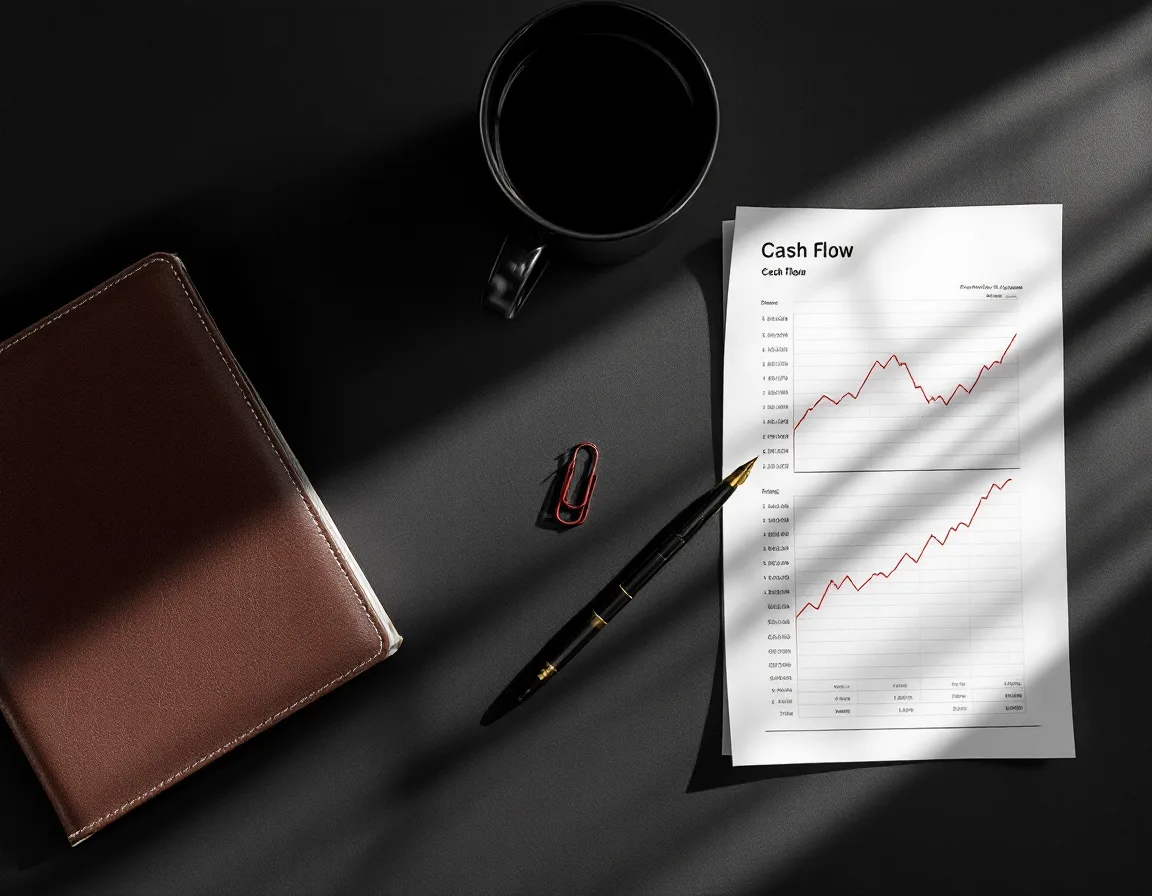 Overhead flat-lay of a ledger, fountain pen, and a cash-flow printout with a rising line chart
